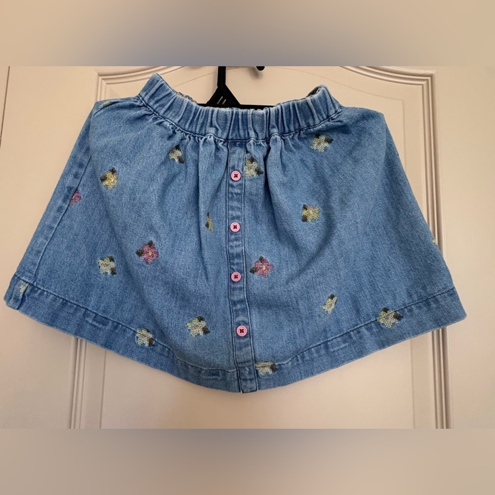 Mini Boden Light Blue Denim Skirt with Floral Trim For Girls